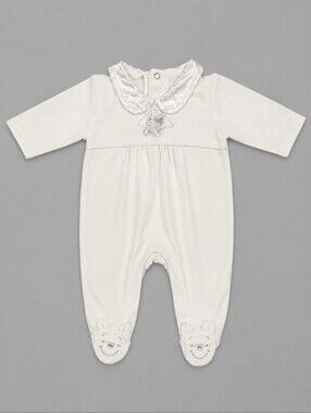 VTG DISNEY White Satin Silver Embroidered Winnie the Pooh Long Sleeve Footie